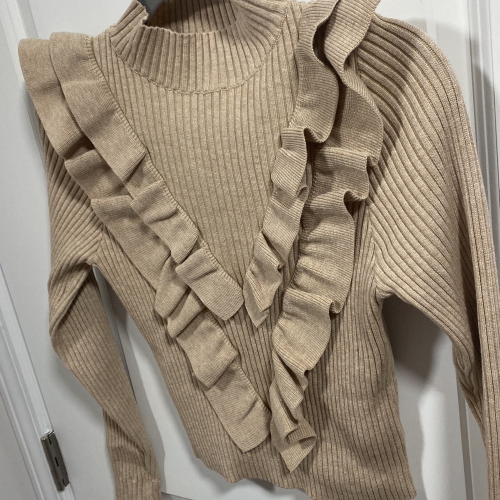 SHEIN Ribbed Ruffle Mock Cropped Sweater - Picture 6 of 7
